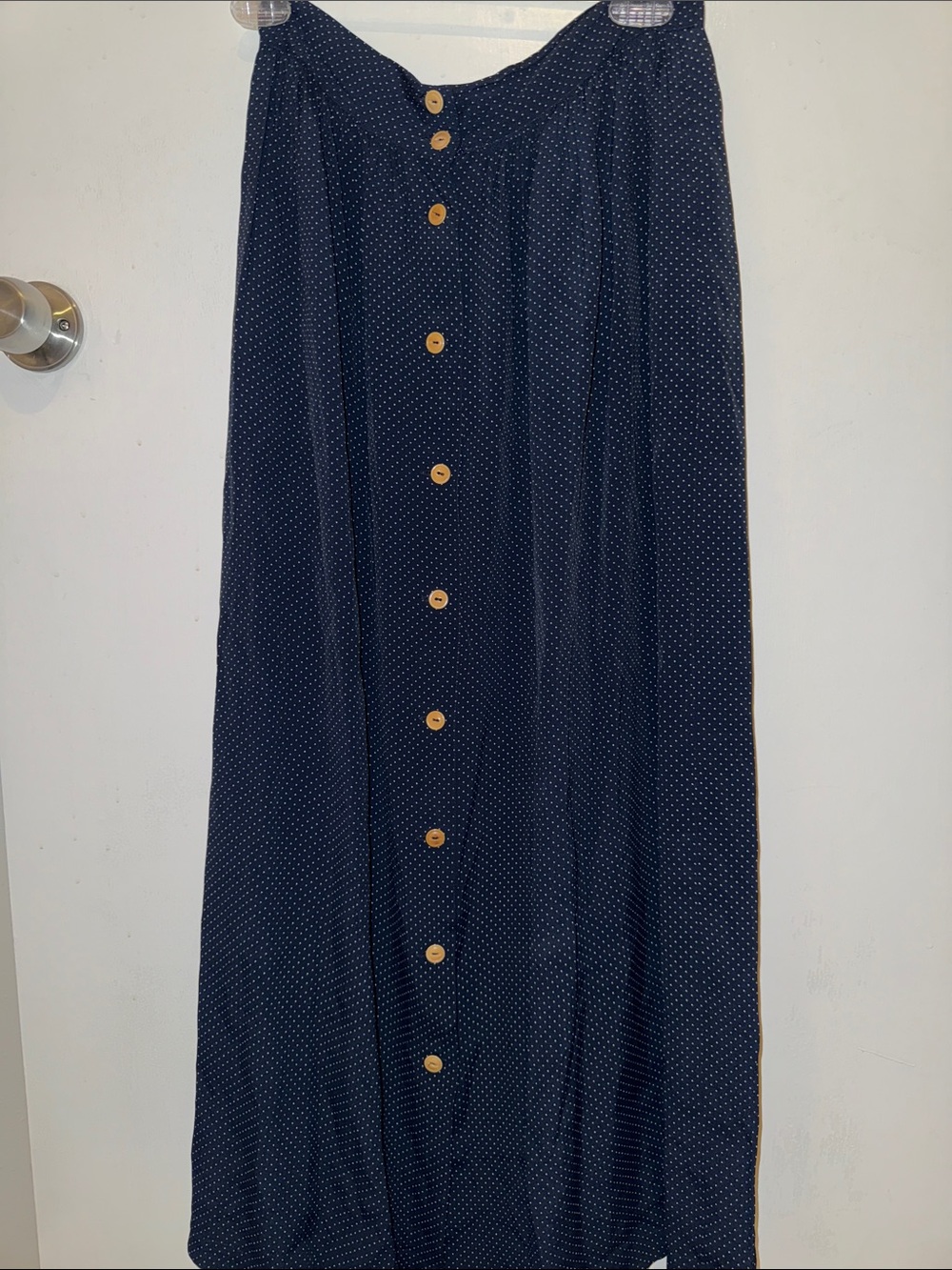 Banana Republic Navy Maxi Skirt with White Microdots and Wood Buttons